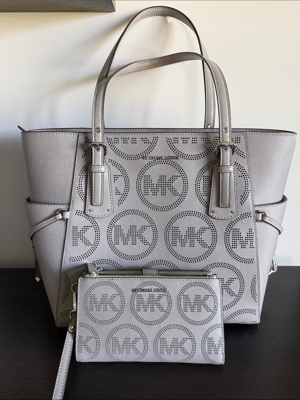 Michael Kors Perforated Logo Tote with Matching Wristlet - Light Gray